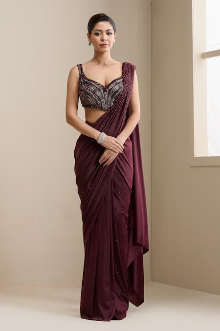 Chaashni By Maansi And Ketan_Maroon Lycra, Net Stones, Beads, Pre-stitched Saree With Embellished Blouse _Online_at_Aza_Fashions