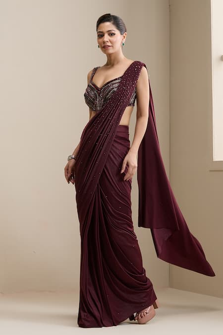 Buy_Chaashni By Maansi And Ketan_Maroon Lycra, Net Stones, Beads, Pre-stitched Saree With Embellished Blouse _Online_at_Aza_Fashions