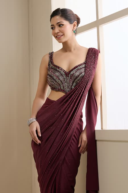 Shop_Chaashni By Maansi And Ketan_Maroon Lycra, Net Stones, Beads, Pre-stitched Saree With Embellished Blouse _Online_at_Aza_Fashions