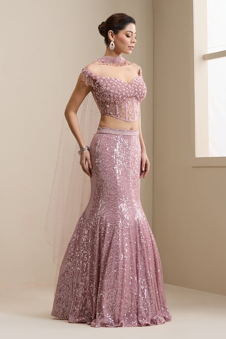 Chaashni By Maansi And Ketan_Pink Net Sequins, Beads, Pearls, Crystals, Stones Embellished Lehenga Set _Online_at_Aza_Fashions