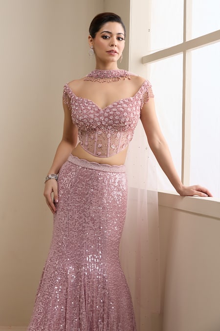 Buy_Chaashni By Maansi And Ketan_Pink Net Sequins, Beads, Pearls, Crystals, Stones Embellished Lehenga Set _Online_at_Aza_Fashions