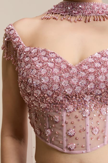 Shop_Chaashni By Maansi And Ketan_Pink Net Sequins, Beads, Pearls, Crystals, Stones Embellished Lehenga Set _Online_at_Aza_Fashions