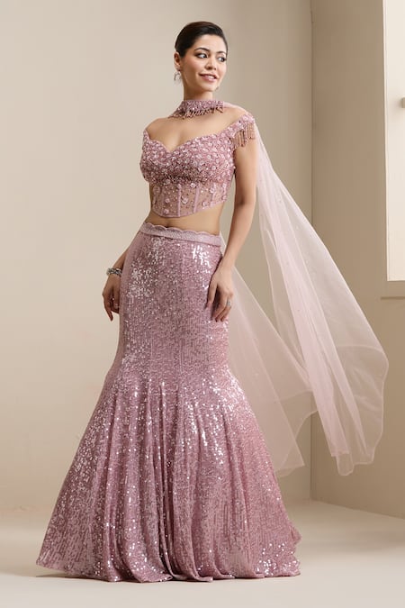 Chaashni By Maansi And Ketan_Pink Net Sequins, Beads, Pearls, Crystals, Stones Embellished Lehenga Set _at_Aza_Fashions