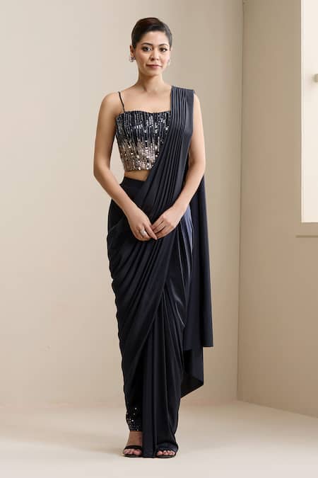 Chaashni By Maansi And Ketan_Blue Net, Lycra Sequins, Beads, Pre-stitched Pant Saree With Embellished Blouse _Online_at_Aza_Fashions