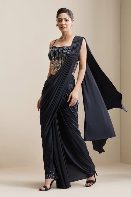 Buy_Chaashni By Maansi And Ketan_Blue Net, Lycra Sequins, Beads, Pre-stitched Pant Saree With Embellished Blouse _Online_at_Aza_Fashions