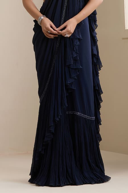 Chaashni By Maansi And Ketan_Blue Net, Georgette Sequins, Beads, Pre-stitched Saree With Embellished Blouse _Online_at_Aza_Fashions