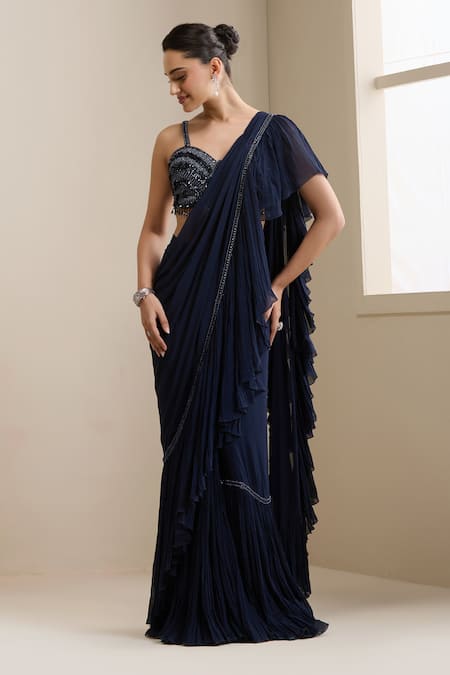 Buy_Chaashni By Maansi And Ketan_Blue Net, Georgette Sequins, Beads, Pre-stitched Saree With Embellished Blouse _Online_at_Aza_Fashions