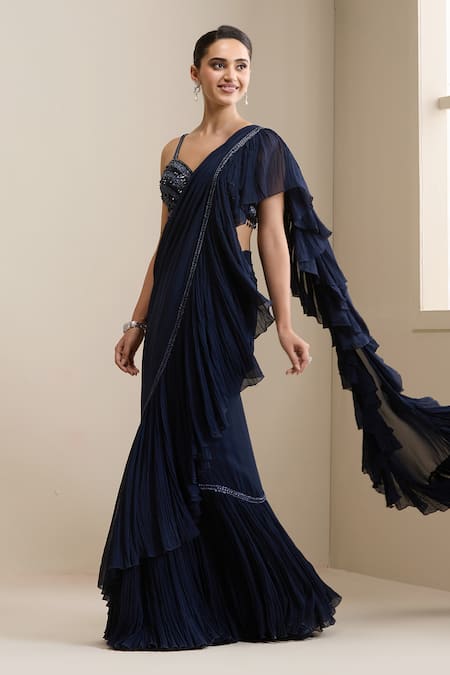 Shop_Chaashni By Maansi And Ketan_Blue Net, Georgette Sequins, Beads, Pre-stitched Saree With Embellished Blouse _Online_at_Aza_Fashions