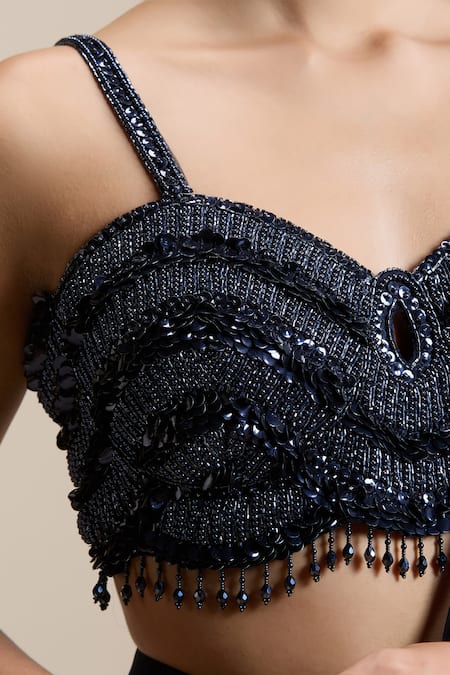 Buy_Chaashni By Maansi And Ketan_Blue Net, Georgette Sequins, Beads, Pre-stitched Saree With Embellished Blouse 