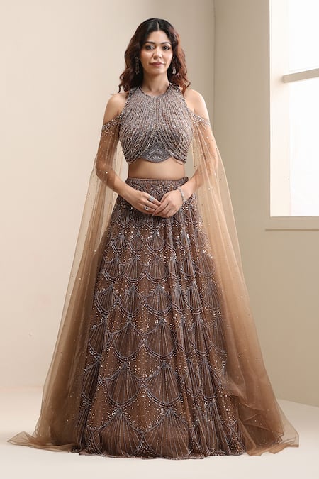 Chaashni By Maansi And Ketan Brown Net Sequins, Beads, Crystals, Zirconia Embellished Lehenga And Blouse Set Online at Aza Fashions Chaashni By Maansi And Ketan_Brown Net Sequins, Beads, Crystals, Zirconia Embellished Lehenga And Blouse Set _Online_at_Aza_Fashions