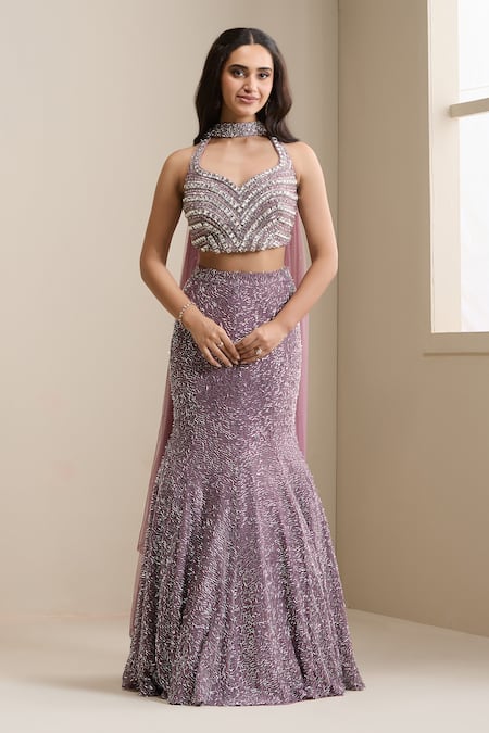 Chaashni By Maansi And Ketan_Purple Net Sequins, Beads, Stones, Zari Sweetheart Neck Embellished Lehenga Set _Online_at_Aza_Fashions