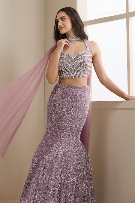 Shop_Chaashni By Maansi And Ketan_Purple Net Sequins, Beads, Stones, Zari Sweetheart Neck Embellished Lehenga Set _Online_at_Aza_Fashions