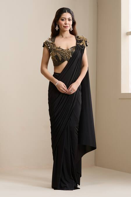 Chaashni By Maansi And Ketan_Black Net, Lycra Beads, Sequins Pre-draped Saree With Embellished Blouse _Online_at_Aza_Fashions
