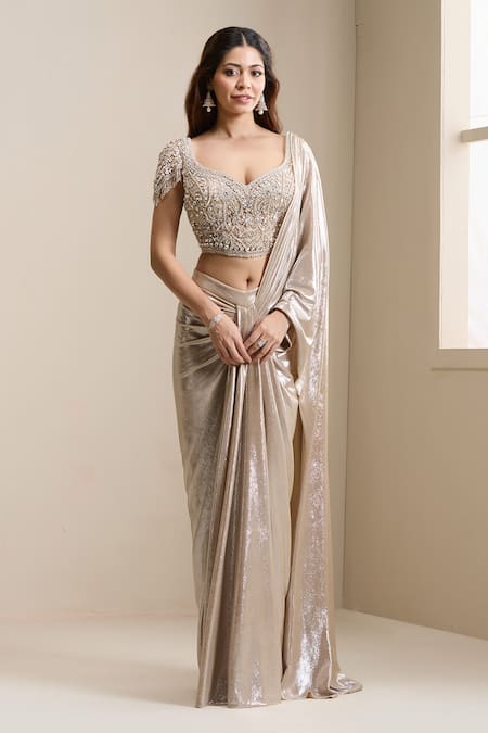 Chaashni By Maansi And Ketan_Gold Net, Lycra Stones, Sequins, Pre-draped Saree With Embellished Corset Blouse _Online_at_Aza_Fashions