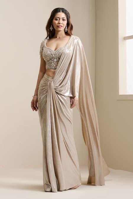 Buy_Chaashni By Maansi And Ketan_Gold Net, Lycra Stones, Sequins, Pre-draped Saree With Embellished Corset Blouse _Online_at_Aza_Fashions