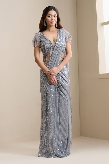 Chaashni By Maansi And Ketan_Grey Net Sequins, Pearls, Crystals, Pre-draped Saree With Embellished Blouse _Online_at_Aza_Fashions