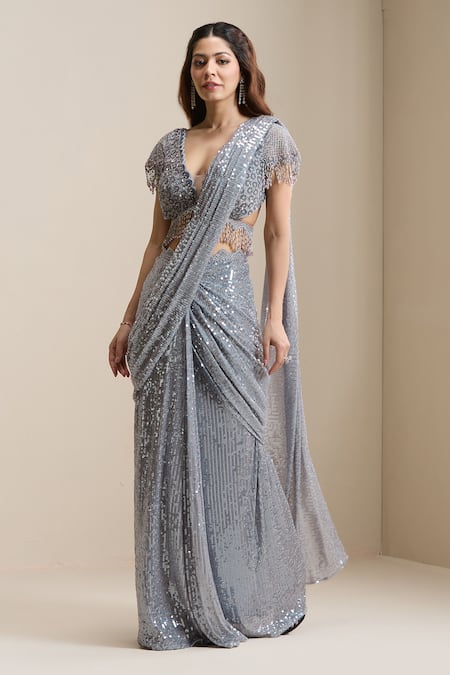 Shop_Chaashni By Maansi And Ketan_Grey Net Sequins, Pearls, Crystals, Pre-draped Saree With Embellished Blouse _Online_at_Aza_Fashions