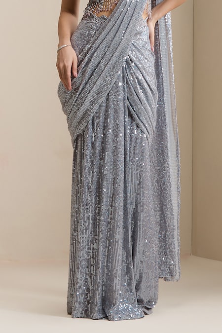 Chaashni By Maansi And Ketan_Grey Net Sequins, Pearls, Crystals, Pre-draped Saree With Embellished Blouse _at_Aza_Fashions