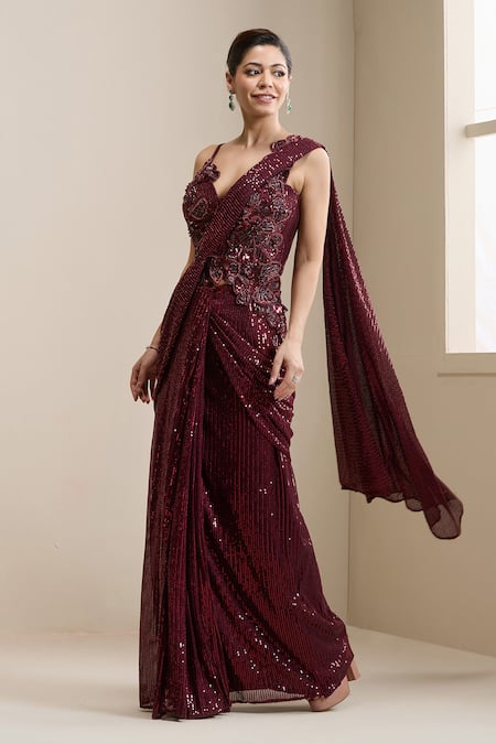 Buy_Chaashni By Maansi And Ketan_Maroon Net Sequins, Beads, Pearls, Pre-draped Saree With Embellished Corset _Online_at_Aza_Fashions