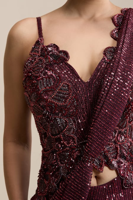 Chaashni By Maansi And Ketan_Maroon Net Sequins, Beads, Pearls, Pre-draped Saree With Embellished Corset _at_Aza_Fashions