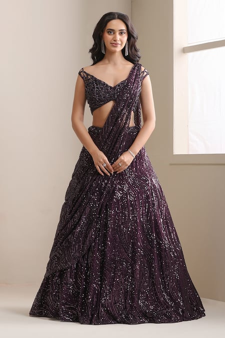 Chaashni By Maansi And Ketan_Purple Net Sequins, Beads, Crystals Embellished Draped Lehenga And Blouse Set _Online_at_Aza_Fashions