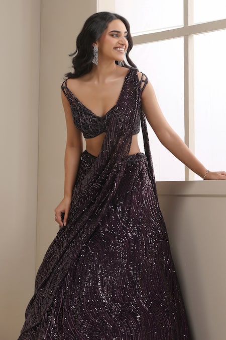 Shop_Chaashni By Maansi And Ketan_Purple Net Sequins, Beads, Crystals Embellished Draped Lehenga And Blouse Set _Online_at_Aza_Fashions