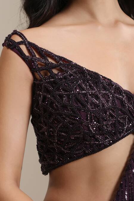 Chaashni By Maansi And Ketan_Purple Net Sequins, Beads, Crystals Embellished Draped Lehenga And Blouse Set _at_Aza_Fashions