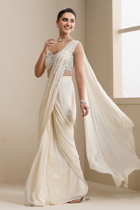 Chaashni By Maansi And Ketan_Ivory Georgette, Net Sequins, Beads, Pre-stitched Saree With Embellished Blouse _Online_at_Aza_Fashions