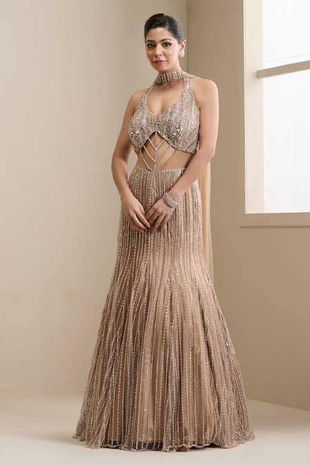 Chaashni By Maansi And Ketan_Gold Net Sequins, Beads, Rhinestones, Stones Embroidered Anarkali With Dupatta _Online_at_Aza_Fashions