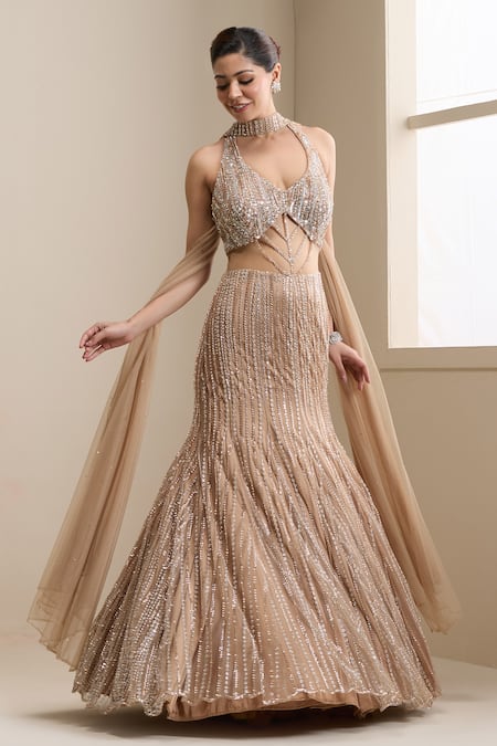 Buy_Chaashni By Maansi And Ketan_Gold Net Sequins, Beads, Rhinestones, Stones Embroidered Anarkali With Dupatta _Online_at_Aza_Fashions