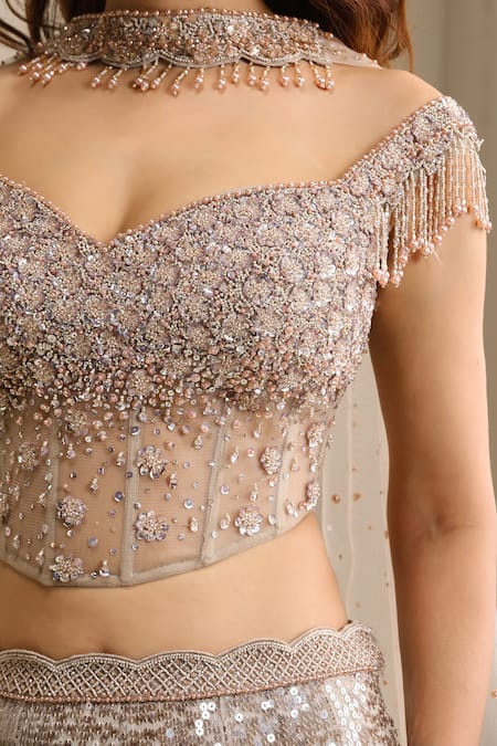 Chaashni By Maansi And Ketan_Gold Net Sequins, Beads, Pearls Sweetheart Neck, Embellished Lehenga Set _at_Aza_Fashions