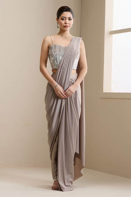 Chaashni By Maansi And Ketan_Gold Net, Lycra Sequins, Beads, Pre-draped Pant Saree With Embellished Blouse _Online_at_Aza_Fashions