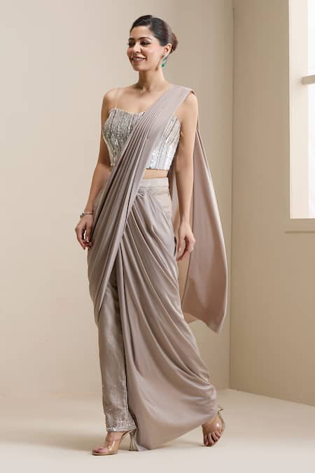 Buy_Chaashni By Maansi And Ketan_Gold Net, Lycra Sequins, Beads, Pre-draped Pant Saree With Embellished Blouse _Online_at_Aza_Fashions