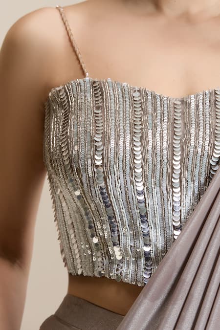 Chaashni By Maansi And Ketan_Gold Net, Lycra Sequins, Beads, Pre-draped Pant Saree With Embellished Blouse _at_Aza_Fashions