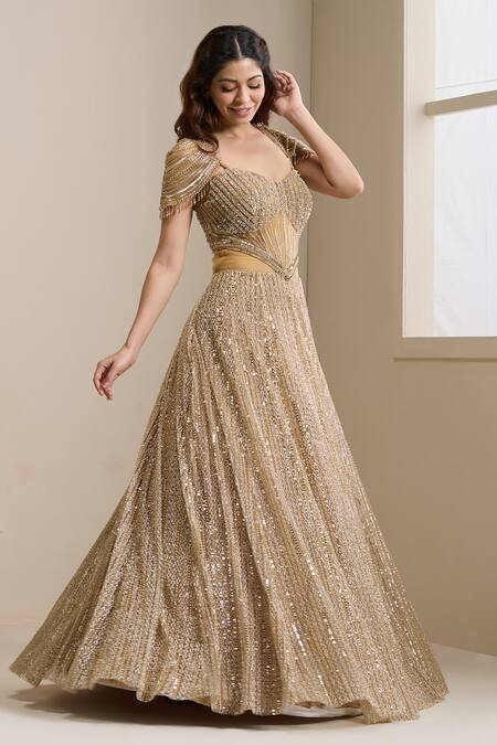Chaashni By Maansi And Ketan_Gold Net Sequins, Beads, Crystals, Stones Sweetheart Neck Embellished Gown _Online_at_Aza_Fashions