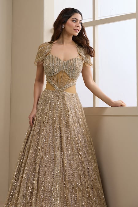 Shop_Chaashni By Maansi And Ketan_Gold Net Sequins, Beads, Crystals, Stones Sweetheart Neck Embellished Gown _Online_at_Aza_Fashions