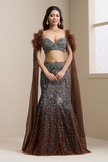 Chaashni By Maansi And Ketan_Brown Net Sequins, Beads, Embroidery Sweetheart Neck Ombre Lehenga And Blouse Set _Online_at_Aza_Fashions