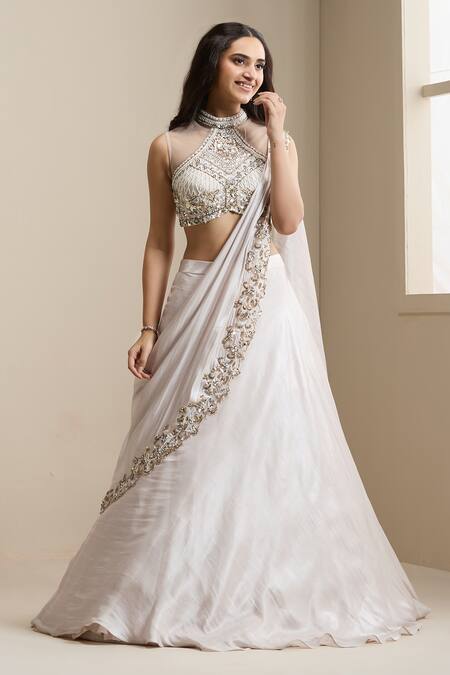 Chaashni By Maansi And Ketan_Ivory Net, Organza Sequins, Beads, Embroidered Blouse And Draped Lehenga Set _Online_at_Aza_Fashions