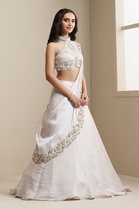 Buy_Chaashni By Maansi And Ketan_Ivory Net, Organza Sequins, Beads, Embroidered Blouse And Draped Lehenga Set _Online_at_Aza_Fashions