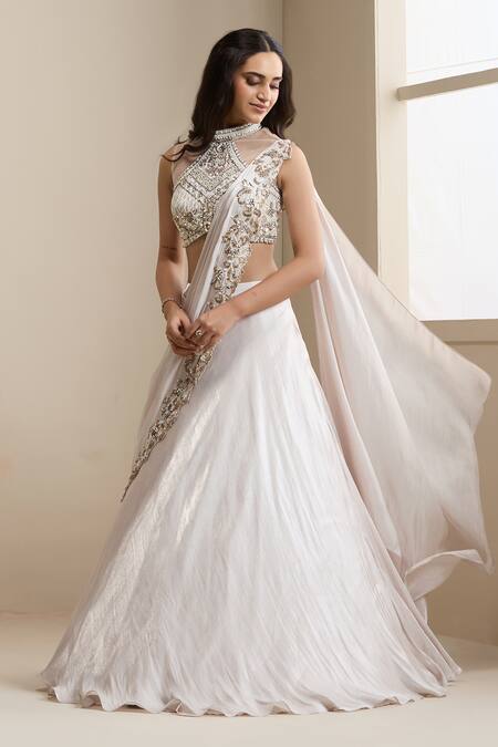 Shop_Chaashni By Maansi And Ketan_Ivory Net, Organza Sequins, Beads, Embroidered Blouse And Draped Lehenga Set _Online_at_Aza_Fashions