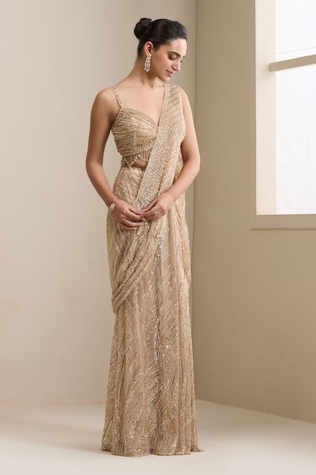 Buy_Chaashni By Maansi And Ketan_Gold Net Sequins, Beads, Pearls, Pre-stitched Saree With Embellished Blouse _Online_at_Aza_Fashions