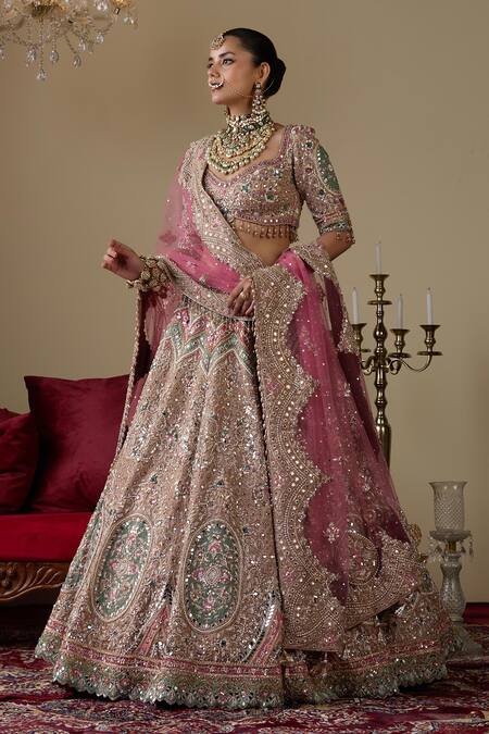 Buy_Chaashni By Maansi And Ketan_Gold Organza, Net Embroidery, Pearls, Mirrors, Embellished Bridal Lehenga Set _Online_at_Aza_Fashions