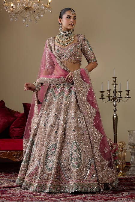 Shop_Chaashni By Maansi And Ketan_Gold Organza, Net Embroidery, Pearls, Mirrors, Embellished Bridal Lehenga Set _Online_at_Aza_Fashions