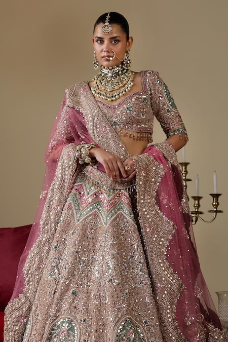 Chaashni By Maansi And Ketan_Gold Organza, Net Embroidery, Pearls, Mirrors, Embellished Bridal Lehenga Set _at_Aza_Fashions
