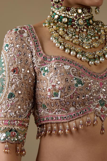 Buy_Chaashni By Maansi And Ketan_Gold Organza, Net Embroidery, Pearls, Mirrors, Embellished Bridal Lehenga Set 