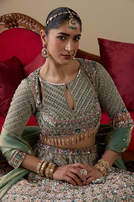 Shop_Chaashni By Maansi And Ketan_Green Organza, Net Embroidery, Sequins, Thread Embellished Bridal Lehenga Set _Online_at_Aza_Fashions