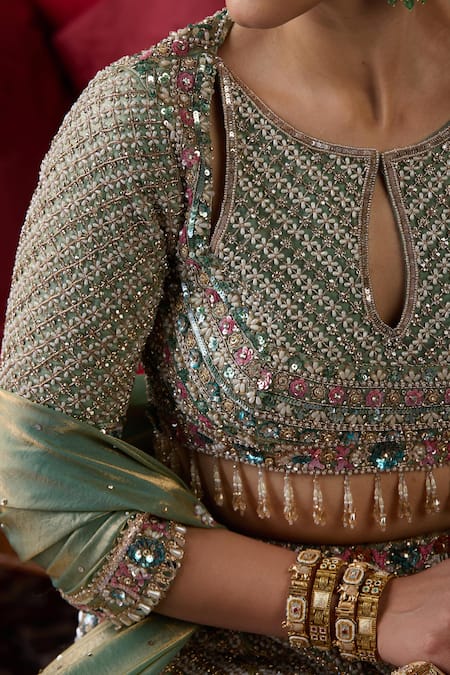 Chaashni By Maansi And Ketan_Green Organza, Net Embroidery, Sequins, Thread Embellished Bridal Lehenga Set _at_Aza_Fashions