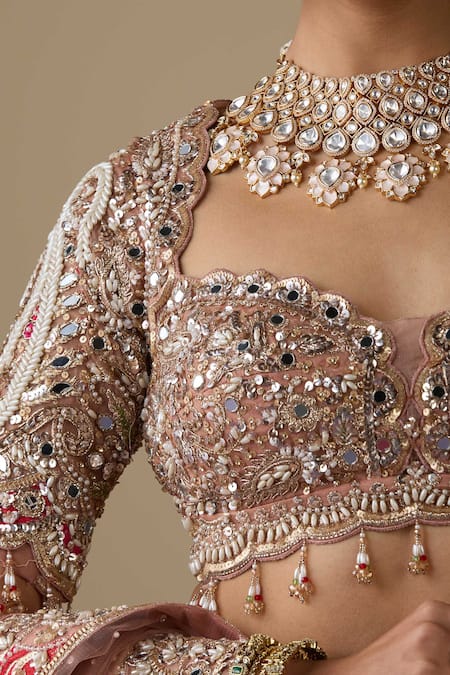 Buy_Chaashni By Maansi And Ketan_Pink Tissue, Organza, Net Sequins, Mirrors, Dabka Embellished Bridal Lehenga Set _Online_at_Aza_Fashions