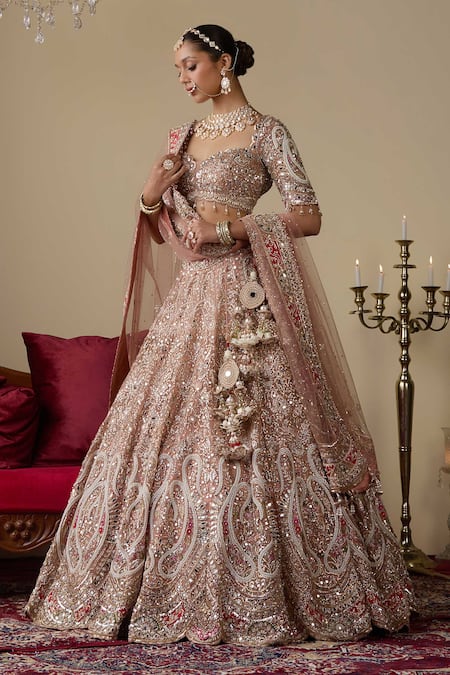 Shop_Chaashni By Maansi And Ketan_Pink Tissue, Organza, Net Sequins, Mirrors, Dabka Embellished Bridal Lehenga Set _Online_at_Aza_Fashions