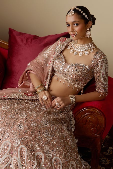 Buy_Chaashni By Maansi And Ketan_Pink Tissue, Organza, Net Sequins, Mirrors, Dabka Embellished Bridal Lehenga Set 